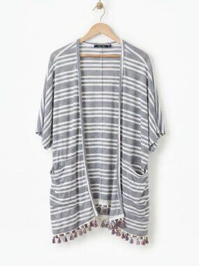 Doe & Rae Striped Kimono M Grey White Tassel Hem Boho Beach Cover Up Lightweight